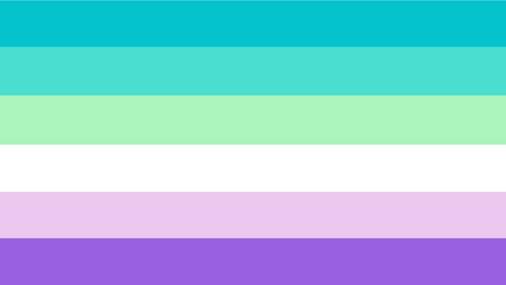 flag with 6 horizontal stripes in the color order from top to bottom being dark teal, teal, pastel green, white, lavender, and purple