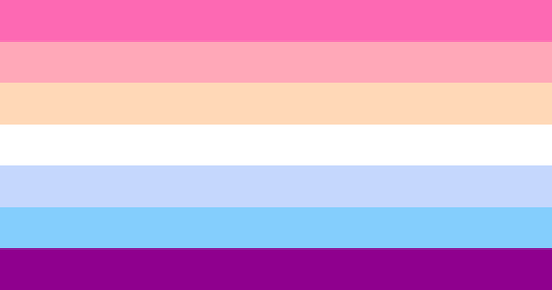 flag with 7 horizontal stripes from top to bottom the colors being pink, baby pink, peach, white, powder blue, sky blue, and violet