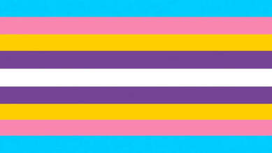 [IMAGE DESCRIPTION: HORIZONTAL STRIPES IN THE ORDER OF BLUE (IN THE COLOR FROM THE TRANS FLAG), PINK (IN THE COLOR FROM THE TRANS FLAG), YELLOW (IN THE COLOR FROM THE INTERSEX FLAG), PURPLE (IN THE COLOR FROM THE INTERSEX FLAG), A WHITE STRIPE, PURPLE (IN THE COLOR FROM THE INTERSEX FLAG), YELLOW (IN THE COLOR FROM THE INTERSEX FLAG), PINK (IN THE COLOR FROM THE TRANS FLAG), AND BLUE (IN THE COLOR FROM THE TRANS FLAG). END OF DESCRIPTION.]