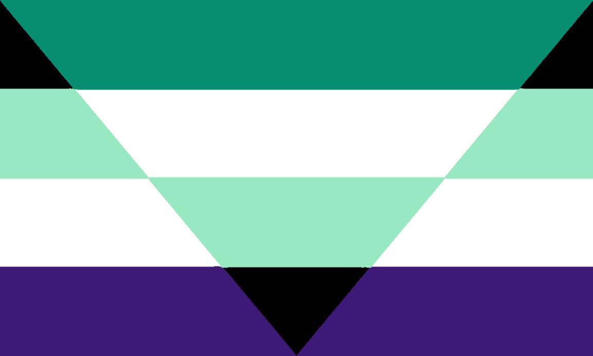 flag with 4 stripes with an upside triangle on it with different color stripes. the main flag top to bottom is black, mint, white, and indigo. The triangle from the top of flag to the bottom is dark teal, white, mint, and black