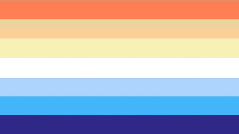 flag with 7 horizontal stripes that are orange, light orange, light yellow, white, sky blue, blue, and dark blue