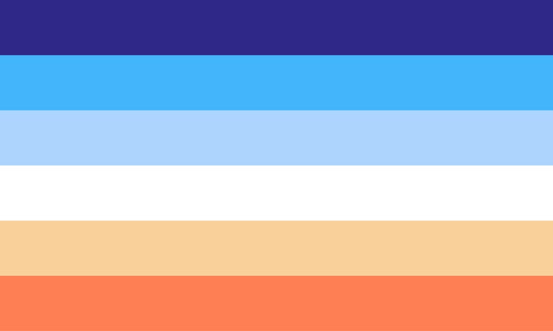 flag with 6 horizontal stripes that are dark blue, blue, sky blue, white, light orange, and orange