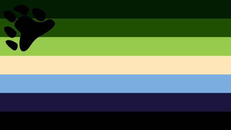 gay bear flag with 7 horizontal stripes that are very dark green, dark green, green, beige, blue, dark blue, and black. there is a black bear symbol in the top lefthand corner of the flag, the bear symbol being a tilted bear pawprint
