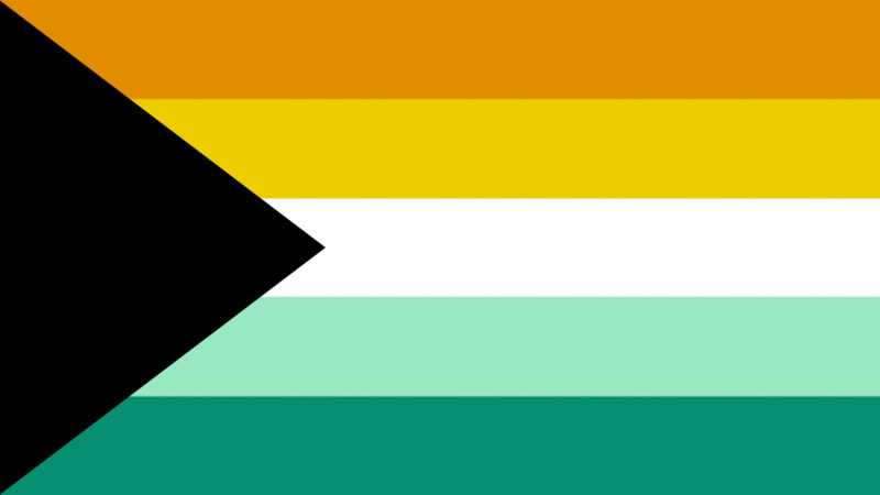 5 horizontal stripe flag with a black triangle coming from the left side. The stripe colors from top to bottom are orange, yellow, white, mint, and dark teal.