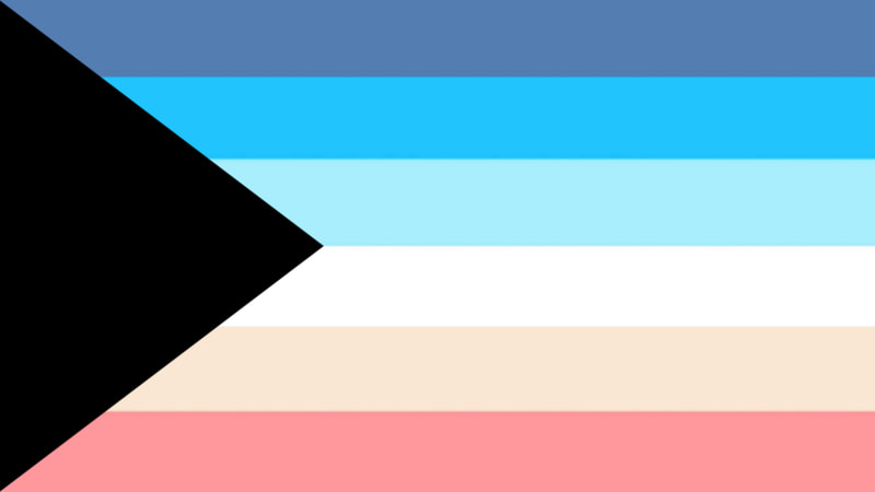 A flag with a black triangle coming from the left side and 6 horizontal stripes. The stripe colors from top to bottom are blue, sky blue, baby blue, white, pastel orange, and pastel red.