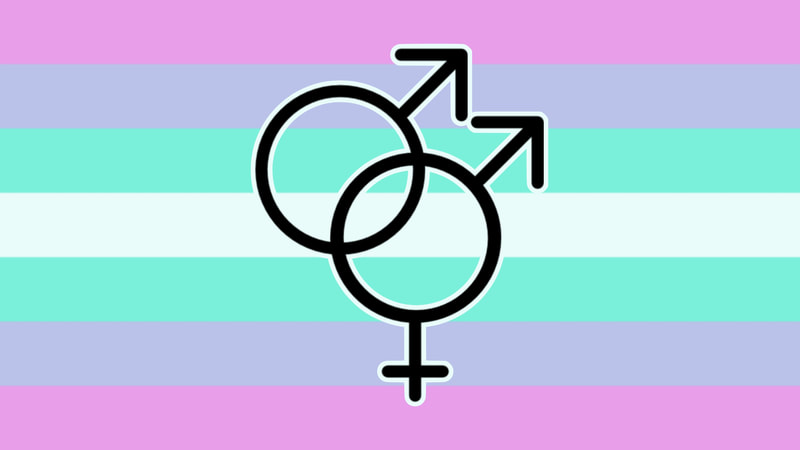 Flag with 7 horizontal stripes that are lilac, periwinkle, mint, blue-toned white, mint, periwinkle, and lilac. There is a black symbol in the middle of a combined mars and venus symbol that has another interlocked mars symbol attached to it, making it look like both a double mars symbol and a bigender symbol combined. The symbol has a thin blue-toned white outline around it. 