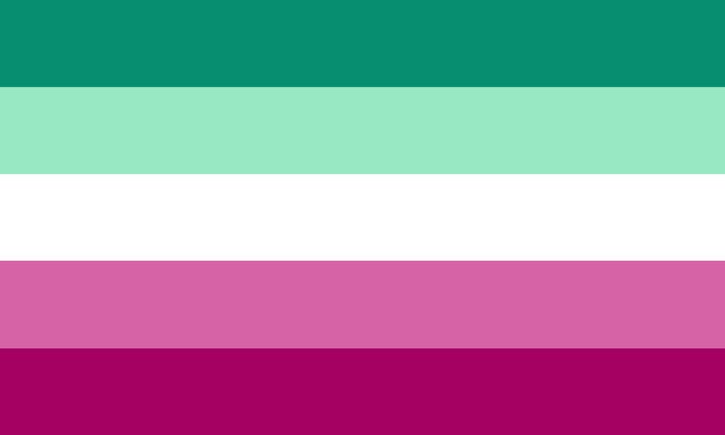 flag with 5 stripes being teal, mint, white, light fuchsia, and magenta