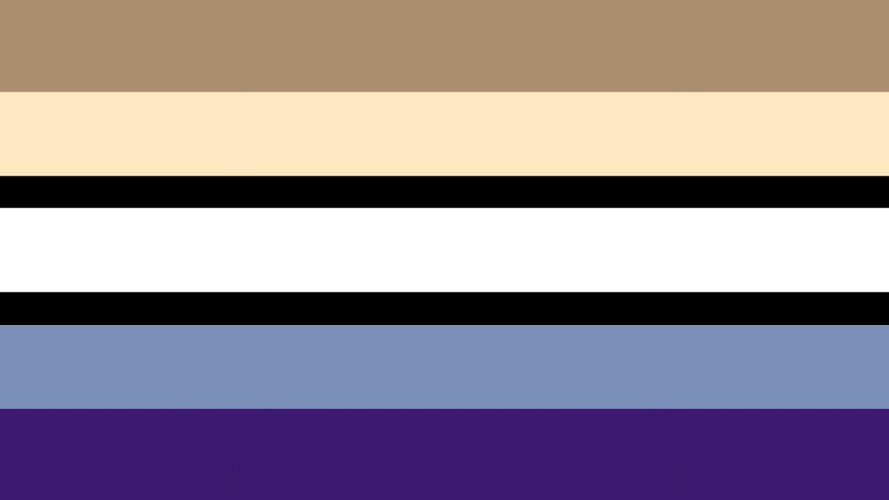 flag with 7 horizontal stripes, with the stripes all being similar in size but the stripes on either side of the middle white stripe being thin and black. the top stripes are a dark dull beige and then a light beige. the last stripe is dark blue with the one above being pale blue.