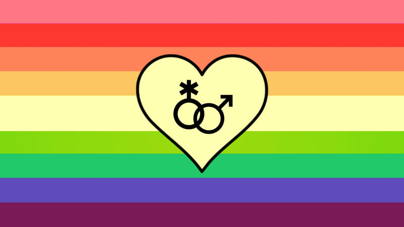 Flag with 9 horizontal stripes. The middle stripe is double wide. The colors from top to bottom are: blush pink, red, burnt sienna, gold, yellow toned beige, lime green, jade green, midnight blue, and berry purple. There is a black heart outline in the center of the flag with black colored intertwining genderqueer and mars aka male symbols in the center. The background color of the heart is yellow toned beige.