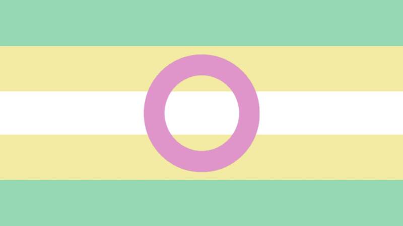 IFTM flag that has 5 stripes being muted mint green, pale yellow, white, pale yellow, and muted mint green. There is a light purple bold circle outline on the flag. 