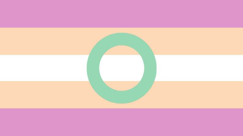 IMTF flag, which has the same type of theme as the IFTM flag on the left. It has 5 stripes that are light purple, light orange, white, light orange, and light purple. There is a muted green bold circle outline on the flag.