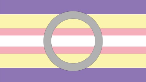 a flag with a light purple stripe, light yellow stripe, thinner pink stripe, white stripe, thinner pink stripe, light yellow stripe, and light purple stripe. there is also a bold grey outlined circle.