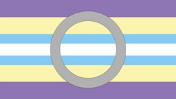 a flag with a light purple stripe, light yellow stripe, thinner blue stripe, white stripe, thinner blue stripe, light yellow stripe, and light purple stripe. there is also a bold grey outlined circle.