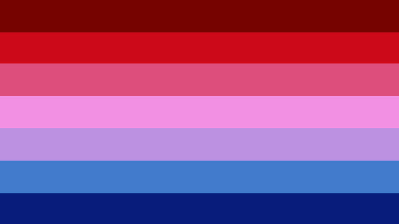 flag with 7 horizontal stripes with colors being dark red, red, dark pink, purple, lilac, sky blue, and dark blue