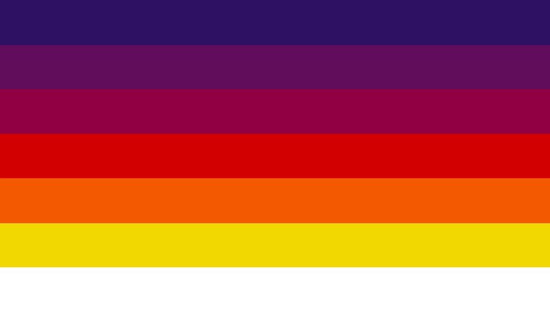 flag with 7 horizontal stripes from top to bottom being dark blue, purple, dark pink, red, orange, yellow, and white.