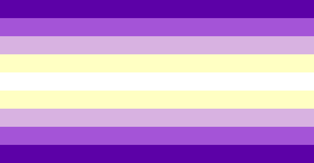 flag with 9 horizontal stripes from top to bottom being indigo, purple. lavender, pastel yellow, white, pastel yellow, lavender, purple, and indigo. 