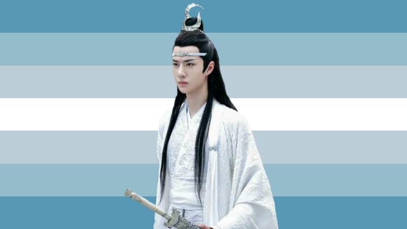 flag with 7 stripes. the middle stripe is white with three stripes on either side going from a lighter greyish blue to a deeper tone. Lan Wangji is on the flag, an Asian person with long black hair that has a bun on top with a silver piece on the bun. He is wearing white traditional Chinese clothing and holding a sword. He has a flat affect. 