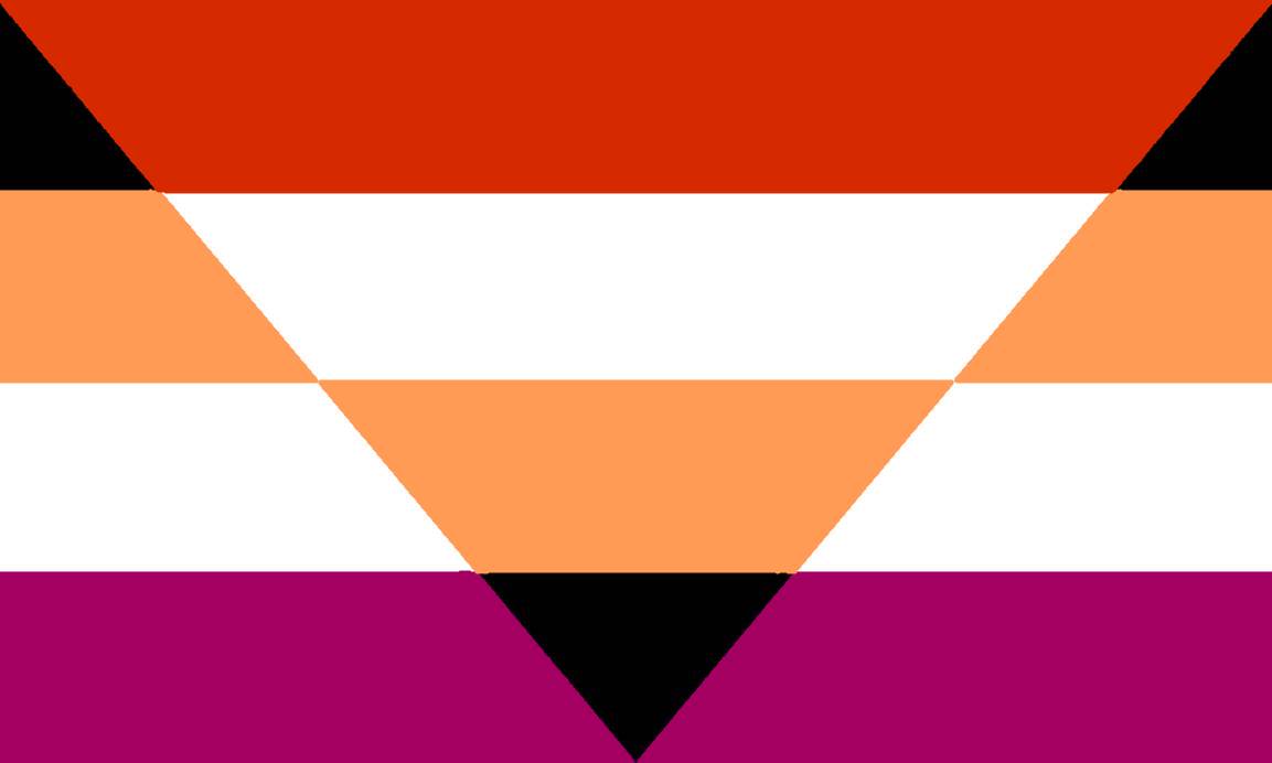 flag with 4 stripes with an upside triangle on it with different color stripes. the main flag top to bottom is black, orange, white, and magenta. The triangle from the top of flag to the bottom is blood orange, white, orange, and black