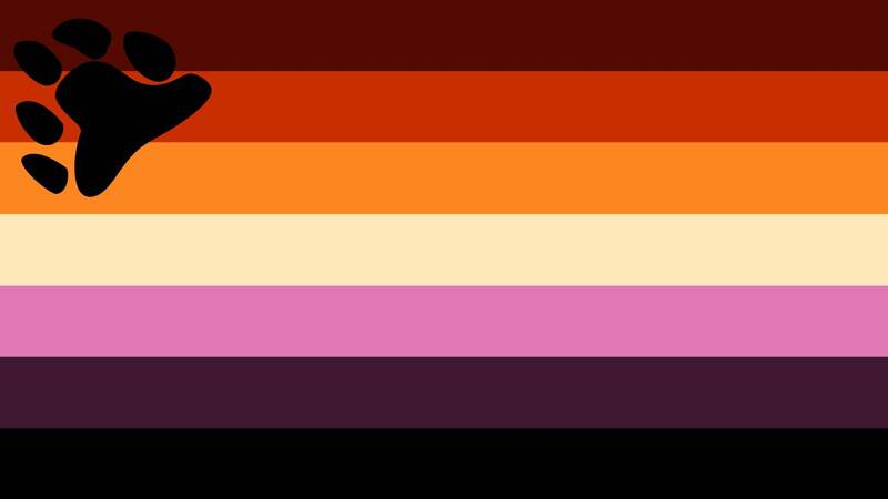lesbian bear flag with 7 horizontal stripes being dark red, blood orange, orange, beige, lilac, dark berry, and black. there is a black bear symbol in the top lefthand corner of the flag, the bear symbol being a tilted bear pawprint.