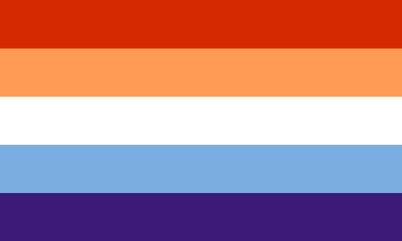 flag with 5 stripes being blood orange, light orange, white, light blue, and indigo