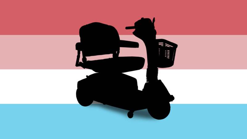 flag with four stripes that are light red, muted pink, white, and light blue. there is a black silhouette of a mobility scooter on the flag, with a shadow beneath it.