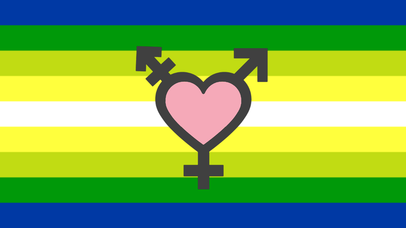 Flag has 9 horizontal stripes with the colors being blue, green, moss green, yellow, white, yellow, moss green, green, and blue. The flag has a pale black trans symbol on the flag with a heart instead of a circle. The trans symbol is one that has a venus symbol cross at the bottom, a mars symbol arrow at the top right, and an arrow with a cross in it at the top left. The inside of the heart on the trans symbol is the baby pink color from the trans flag.
