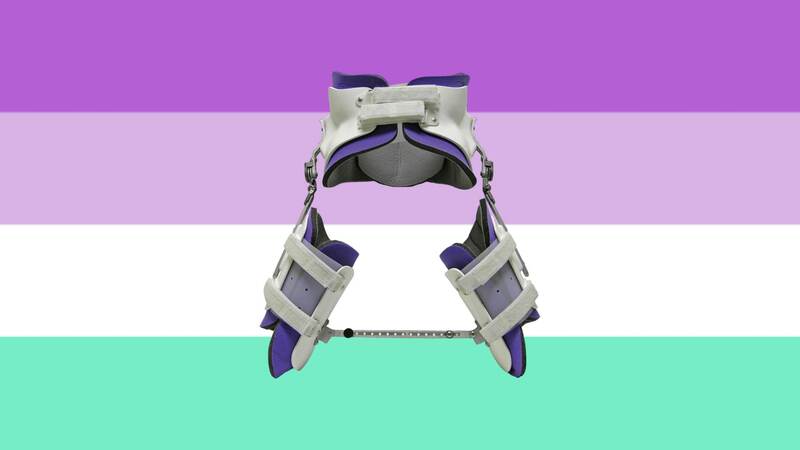 flag with 4 horizontal stripes that are purple, light purple, white, and blue mint. there is a cutout of a purple and white hip brace on the flag. the brace wraps around the stomach and is connected to two pieces that wrap around the thighs.