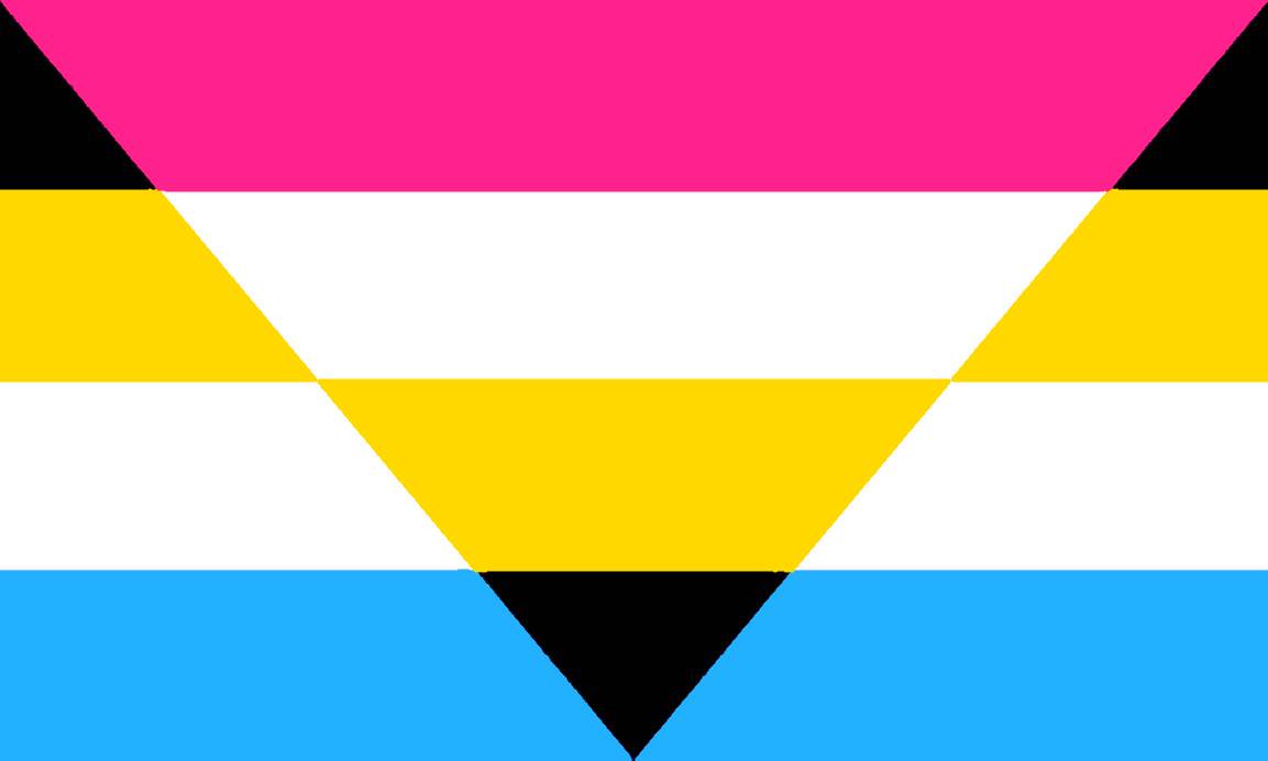 flag with 4 stripes with an upside triangle on it with different color stripes. the main flag top to bottom is black, yellow, white, and bright blue. The triangle from the top of flag to the bottom is bright pink, white, yellow, and black