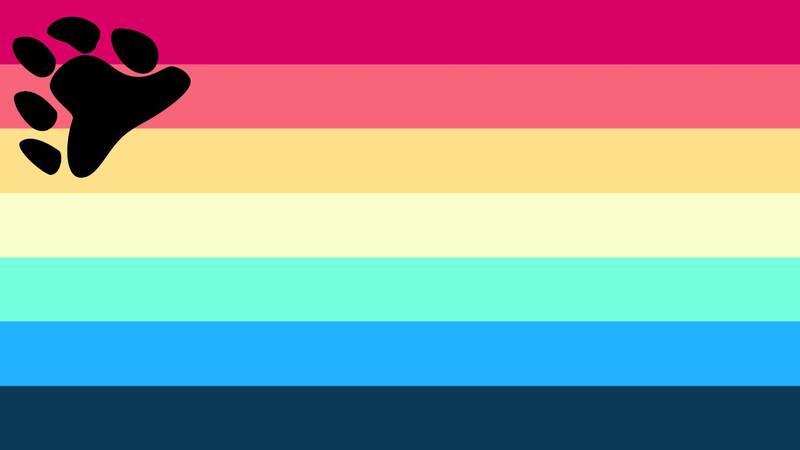 pan bear flag with 7 horizontal stripes being dark pink, orange toned pink, light yellow, very pale yellow, mint, blue, and dark teal. there is a black bear symbol in the top lefthand corner of the flag, the bear symbol being a tilted bear pawprint.