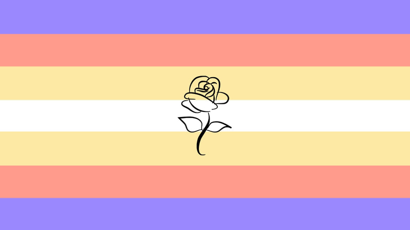flag with 7 horizontal stripes that are baby blue, coral, pale yellow, white, pale yellow, coral, and baby blue. there is line art of a small black rose with a stem and leaves in the center of the flag.