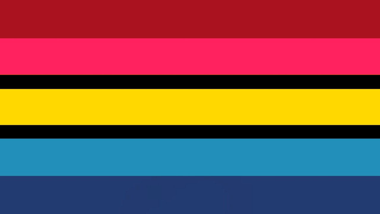 flag with 7 horizontal stripes, with the stripes all being similar in size but the stripes on either side of the middle yellow stripe being thin and black. the top stripes are a dark red and then bright pink. the last stripe is sky blue and then dark blue.