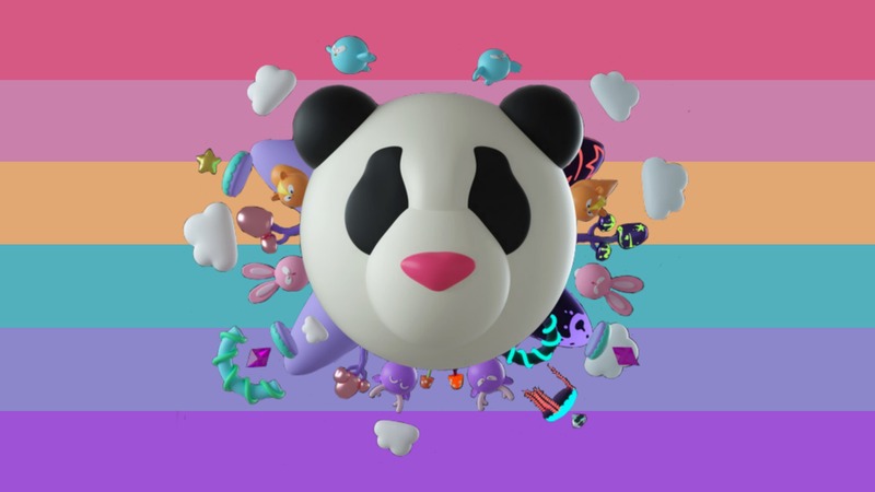 flag with 6 horiontal stripes being pink, dusty pink, orange, aqua, lilac, and purple. There is a 3D panda with no eyes or mouth in the center with 3D designs coming out from it. 