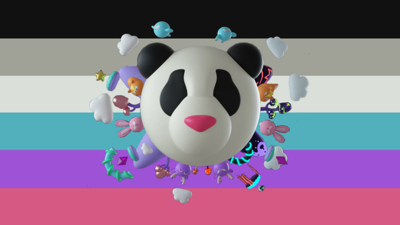 flag with 6 horizontal stripes being black, grey, dusty white, aqua, purple, and pink. There is a 3D panda with no eyes or mouth in the center with 3D designs coming out from it. 