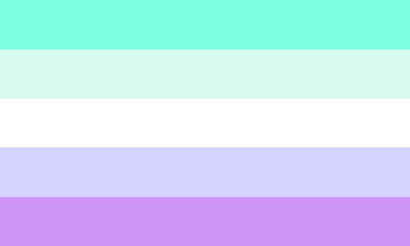 flag with 5 stripes being teal, light mint green, white, light purple, and purple