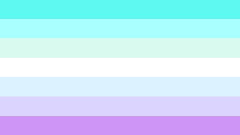 flag with 7 stripes being teal, light teal, light mint green, white, light blue, light purple, and purple