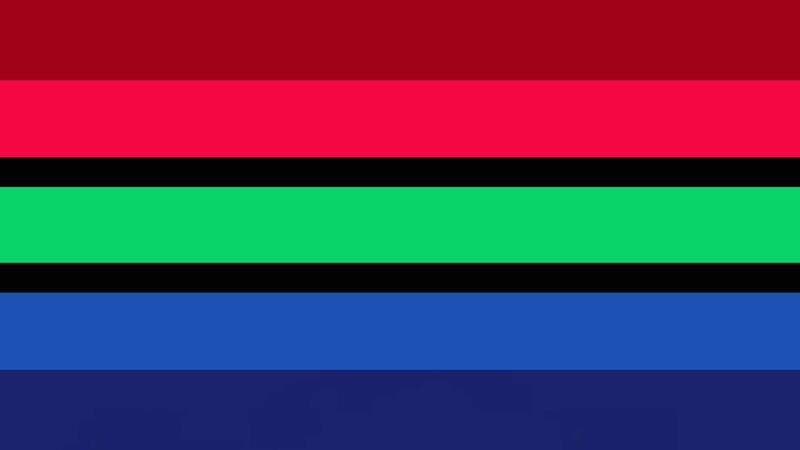 flag with 7 horizontal stripes with the middle being green with thin black stripes on each side. the top stripes are deep red and then red. the bottom two stripes are blue and then deep blue.