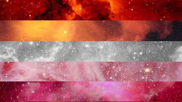 5 stripe sunset lesbian flag made from photos of space/galaxies corresponding to each appropriate color