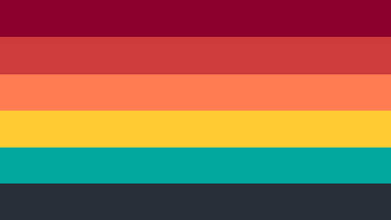 flag with 6 stripes from top to bottom being dark red, blood orange, orange, yellow, teal, and teal-toned black. 