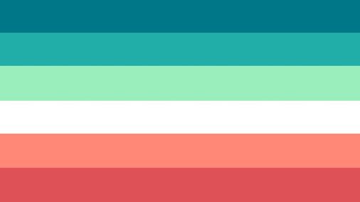 flag with 6 horizontal stripes in the color order of dark teal, teal, mint, white, pale red, and red. 