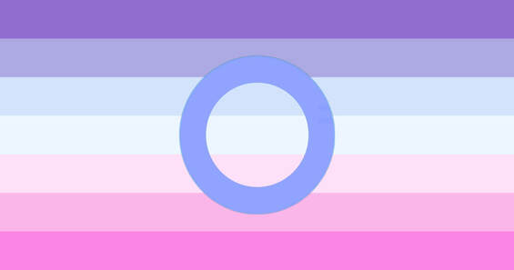 Flag with 7 horizontal stripes with the colors from top to bottom being purple, lilac, light steel blue, very light grey, pastel pink, pink, and a brighter pink. There is a light blue hollow circle outline in the middle of the flag. 