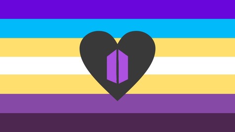 flag with 7 stripes being blue, sky blue, yellow, white, yellow, purple, and dark purple. There is a dark grey heart in the center of the flag with a purple ARMY symbol on it. 