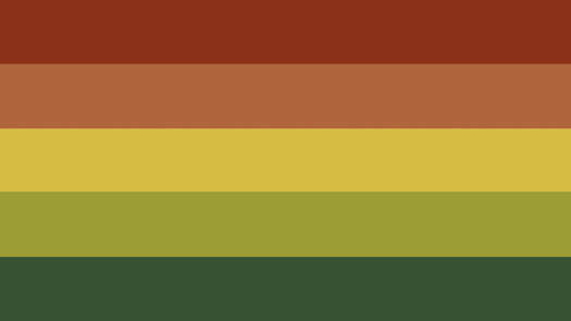 flag with 5 horizontal stripes being brick red, light red, yellow, grass green, and forest green
