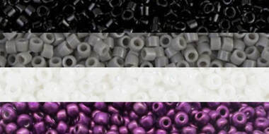 asexual flag with each stripe being replaced by a close up picture of a collection of seed beads with the corresponding stripe color