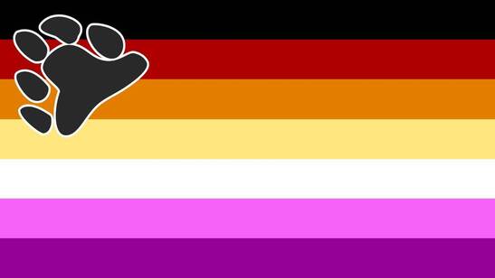 flag with 7 horizontal stripes being black, red, orange, pale yellow, white, light purple, and purple. there is a dark grey bear symbol in the top left hand corner of the flag, the bear symbol being a slightly rotated bear paw, and it has a white outline around it.