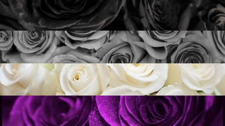 asexual flag edit with stripes being replaced with images of flowers, primarily roses, corresponding to each stripe and its color. Color stripes are: black, grey, white, and purple.