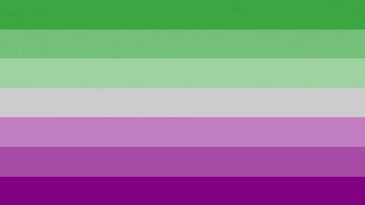 flag with 7 horizontal stripes with the top three stripes being a color gradient from dark green to light green, the middle stripe being light grey, and the last 3 stripes are a gradient from the grey stripe as light purple to dark purple.  