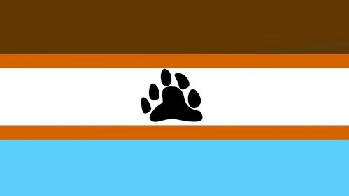 Flag with 5 horizontal stripes. The first is big and brown, the second thin and burnt orange, the third big and white, the fourth is thin and burnt orange, and the fifth and last is big and baby blue. In the center of the white stripe there is a bear paw. It is the same black bear paw from the gay bear flag but is not slanted. 