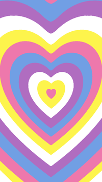 Heart pride flag wallpaper based on the power puff girls. There is a heart in the middle with different colored hearts going outward, each color of this wallpaper being the bigender flag. This bigender flag is the pink, yellow, white, purple, and blue one. 