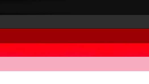 flag with 6 horizontal stripes in the color order from top to bottom being black, dark grey, dark red, red, pink, and white
