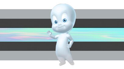 A flag with casper the friendly ghost on it. The middle stripe of the flag is the biggest and iridescent with purple and blue, with faded black, faded gray, and then white on either side. 